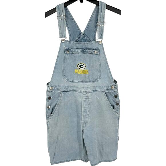 Vintage 90s Womens NFL Green Bay Packers Blue Denim Bibs Overalls Shortalls Sz M